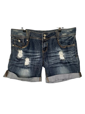 Almost Famous Medium Wash Distressed Cuffed Denim Jean Shorts